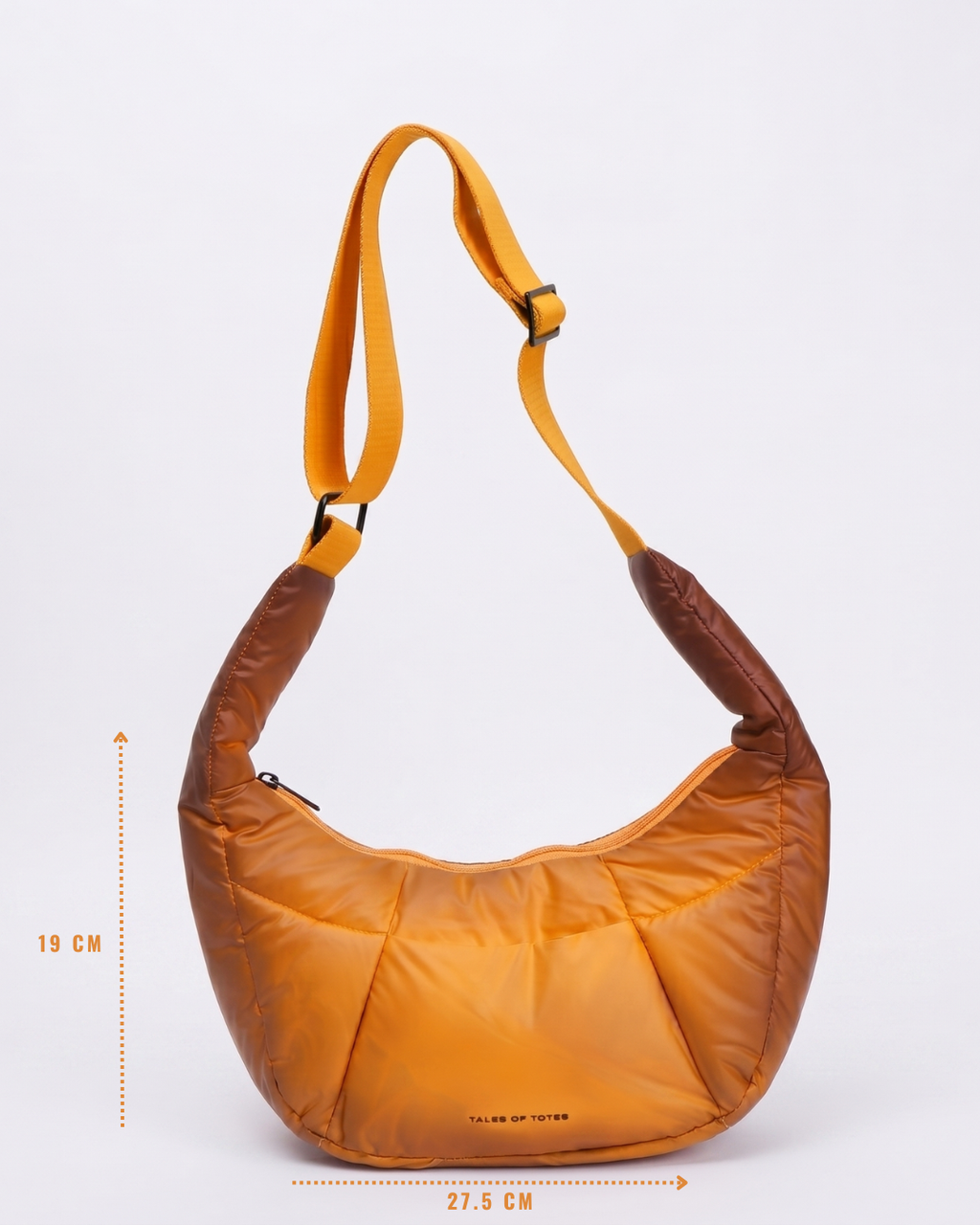 Orange handbag with brown accents on a light gray background
