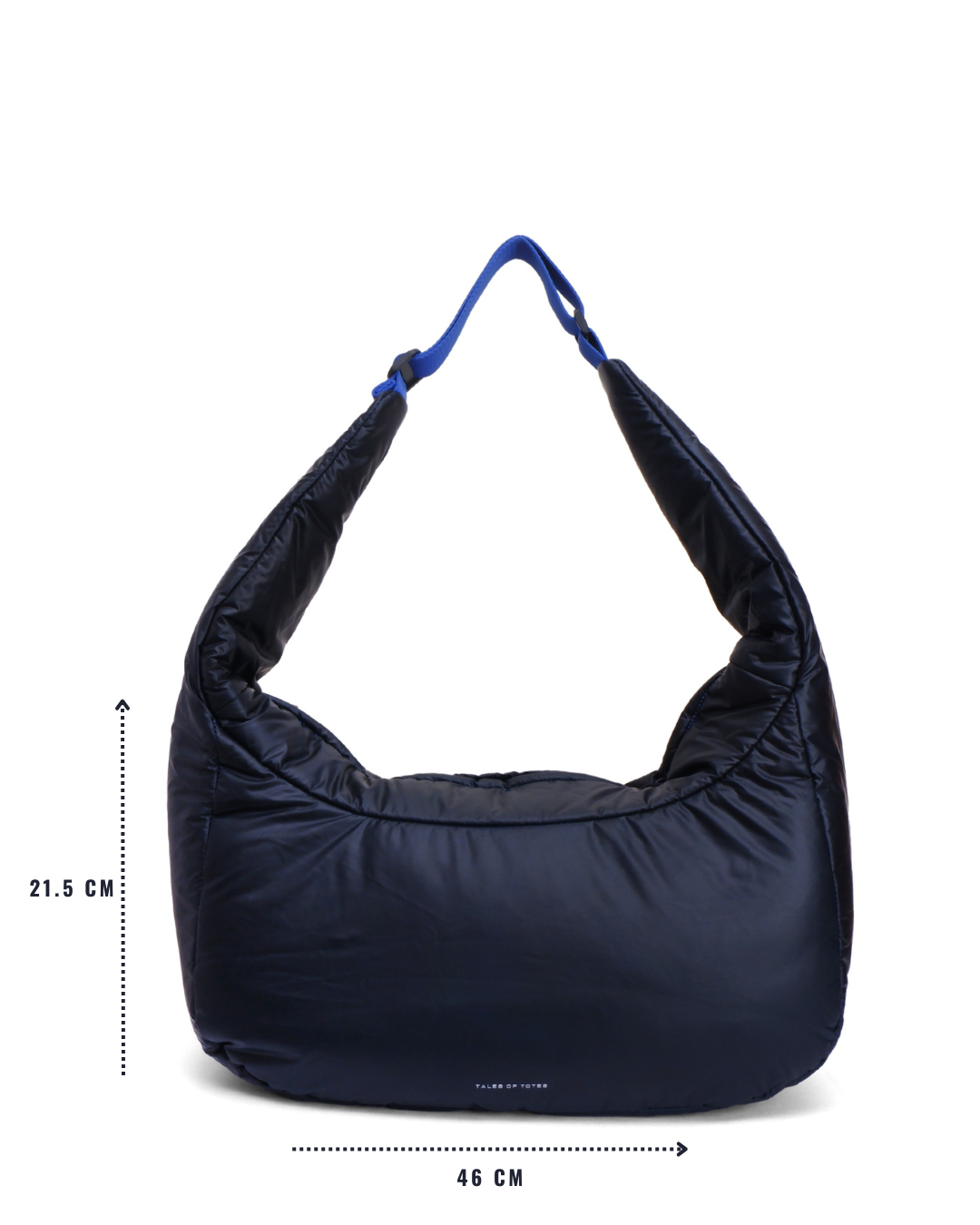 Black shoulder bag with blue strap and measurements on a white background