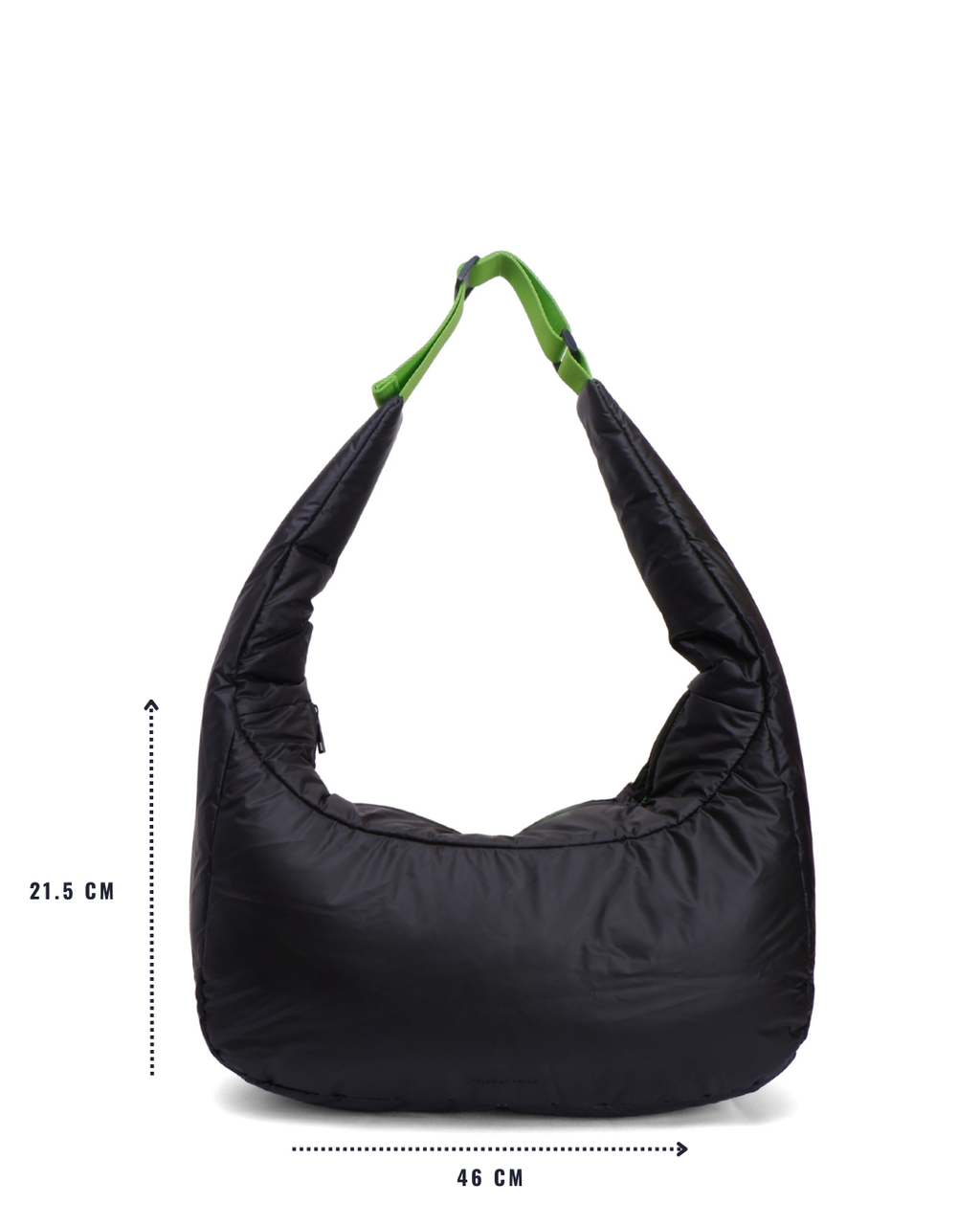 Black bag with green handle and measurements on a white background