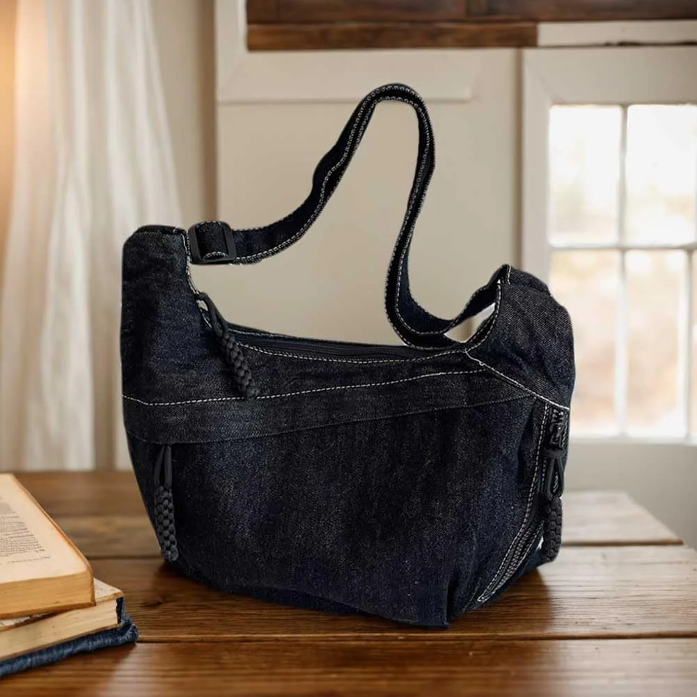 Unisex dark blue denim sling tote bag with zip pocket, hanging on orange street pole, stylish and spacious for Indian streetwear

Unisex black denim sling tote bag with zip pocket, hanging on orange street pole, stylish and spacious for Indian streetwear