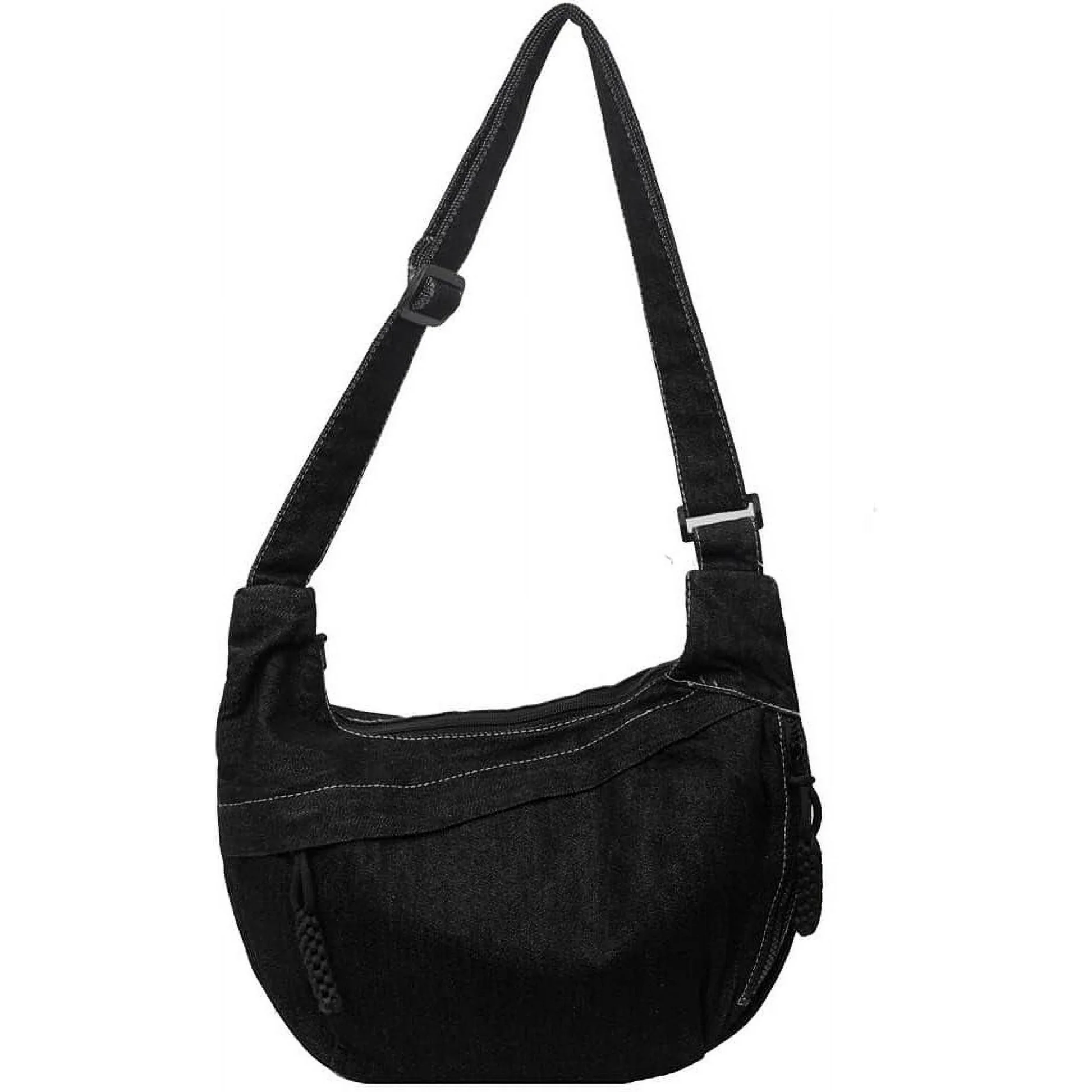  Unisex black denim sling tote bag with zip pocket, hanging on orange street pole, stylish and spacious for Indian streetwear

