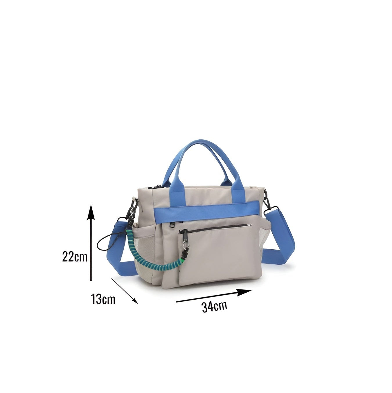 Gray handbag with blue accents and measurement details on a white background