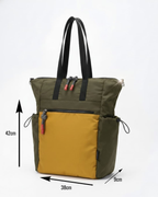 Green and yellow tote bag with measurements on a white background