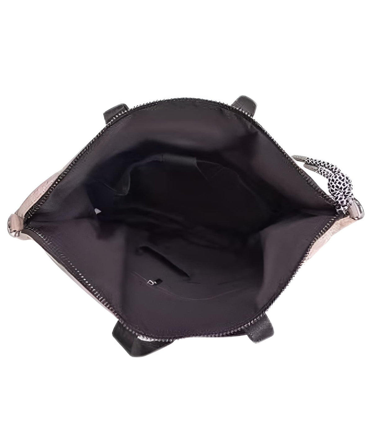 Black handbag with a silver clasp on a white background