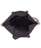 Black handbag with a silver clasp on a white background