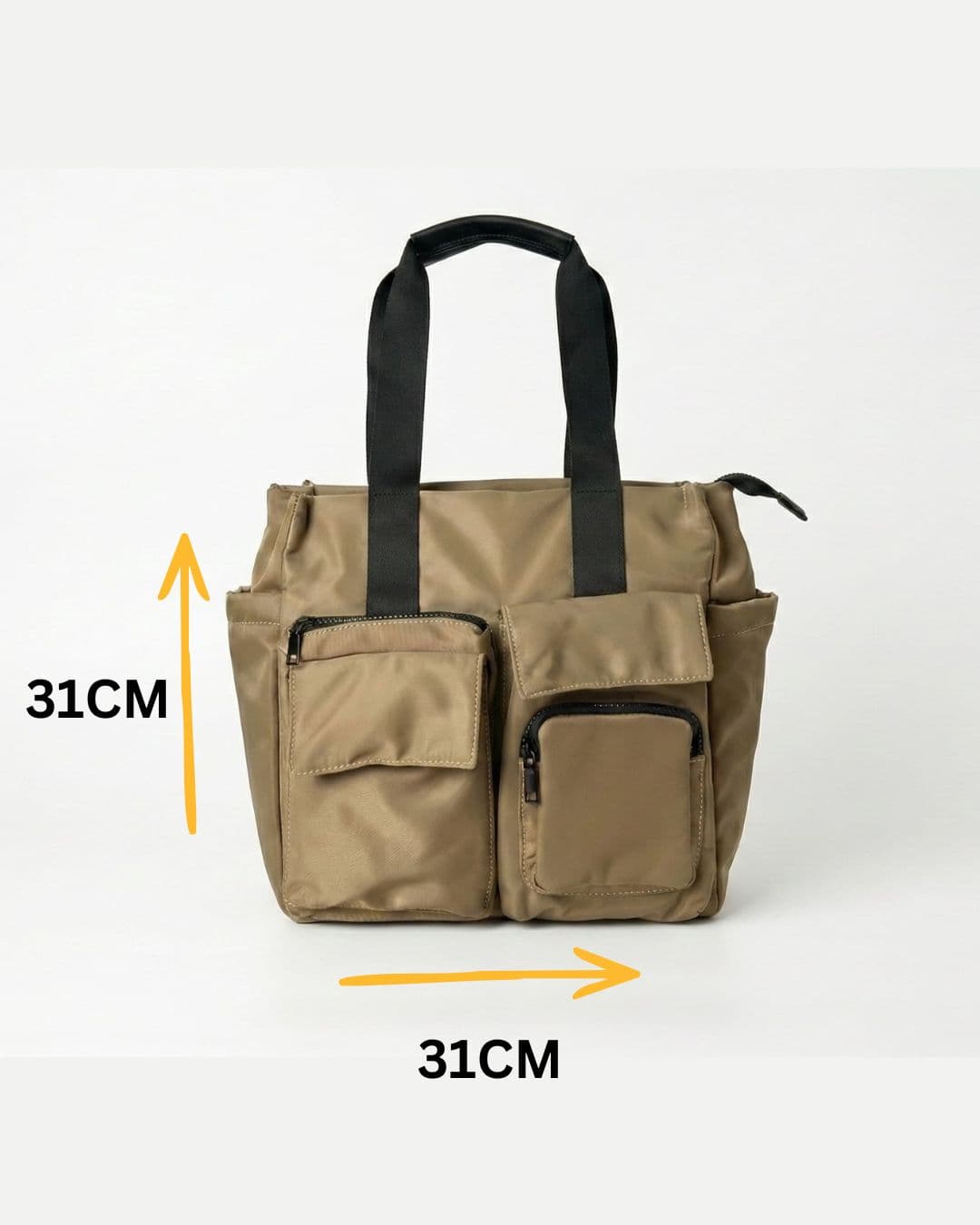 Brown tote bag with black handles on a white background, showing dimensions.Bag 004 beige unisex streetwear tote bag India crafted in heavy canvas with structured utility silhouette, minimalist neutral aesthetic for modern urban fashion lovers, oversized everyday carry bag for college and work, durable shoulder tote inspired by Zara, The Souled Store and Urban Monkey street accessories, sustainable reusable cloth tote alternative to fast fashion bags, premium Indian streetwear accessory designed for comfort