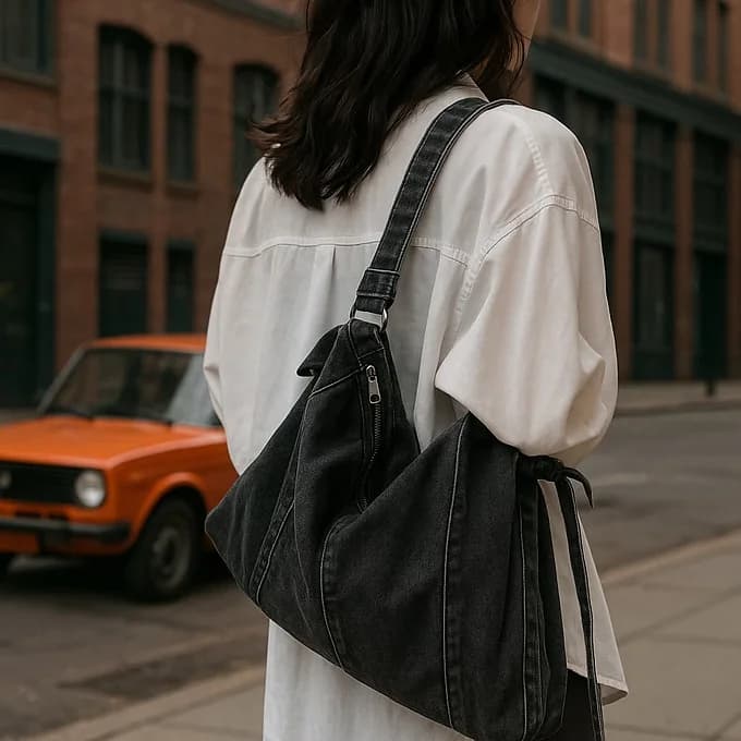 "Trendy denim sling bags in dark, mid, and light washes – designed with a soft structure, curved panel stitching, and adjustable shoulder strap. Spacious enough for daily essentials, perfect for casual outings, college, or streetwear looks. A versatile and stylish pick from Tales of Totes – elevating denim fashion bags beyond Zouk, DailyObjects, and Chumbak in India’s youth market."

