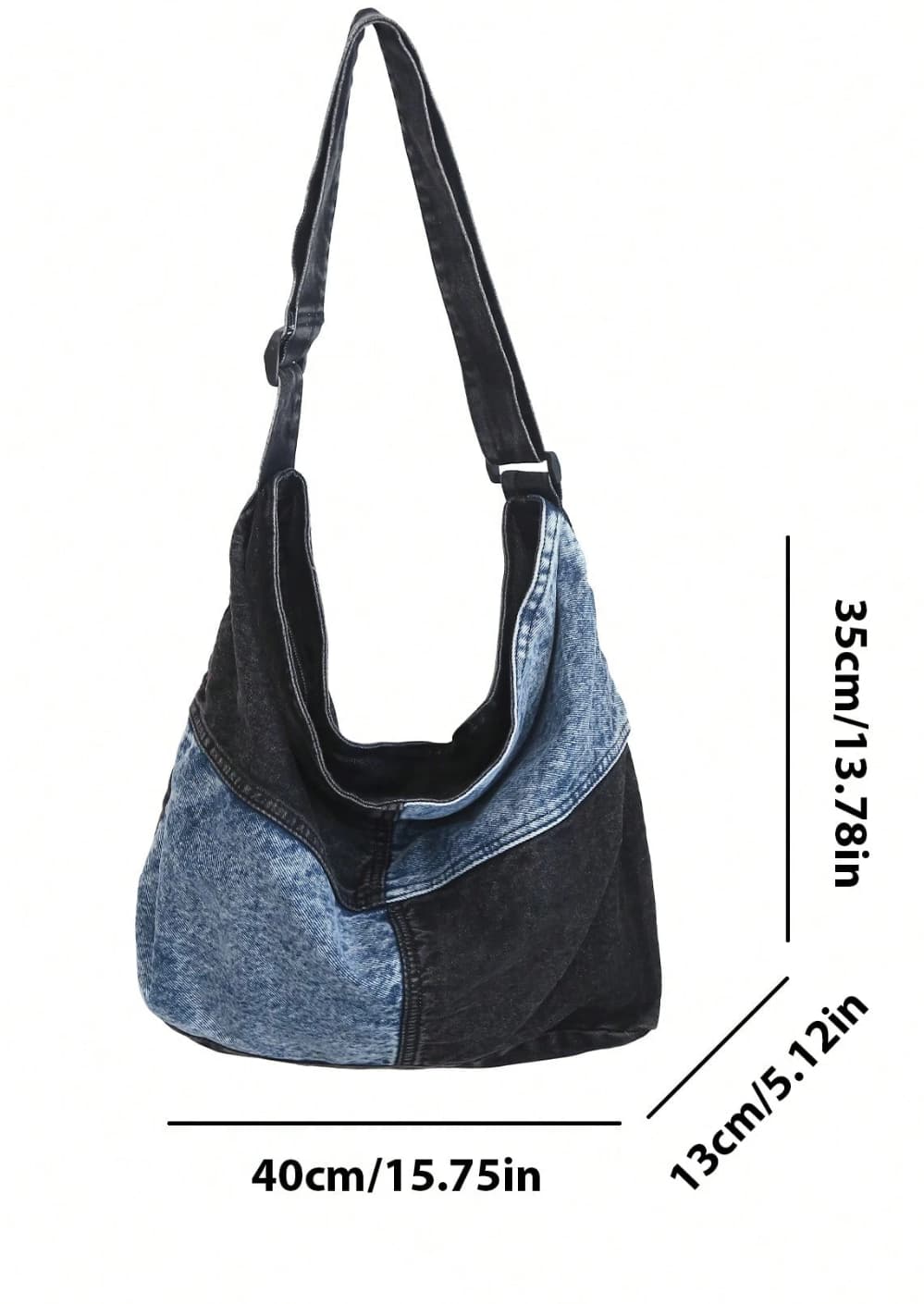 Two-tone patchwork denim sling tote bag with adjustable shoulder strap – measuring 40cm x 35cm x 13cm, perfect for everyday use. Lightweight yet spacious, ideal for college, shopping, and casual outings. A trendy pick for Gen Z fashion in India, exclusively at Tales of Totes – outshining Zouk, Chumbak, and other Indian tote brands with bold streetwear flair."

