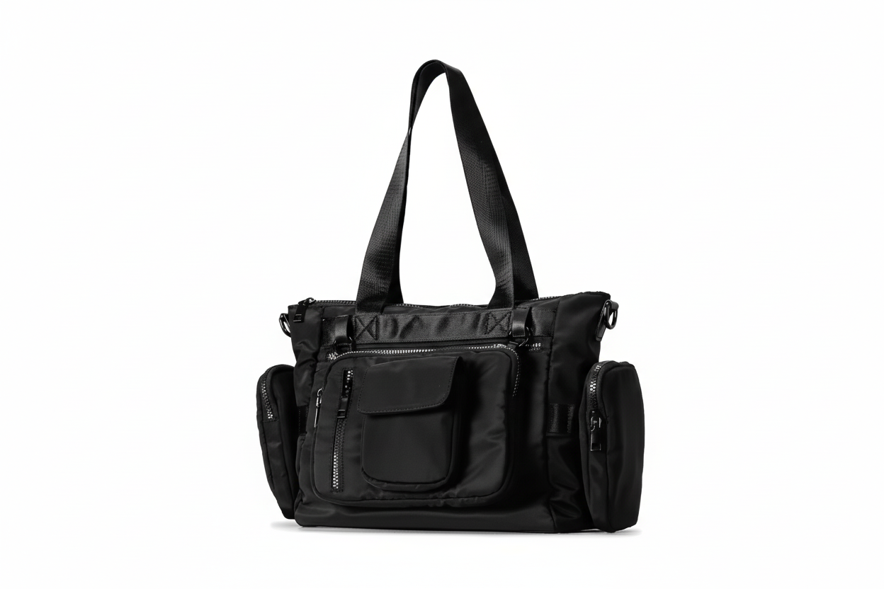 Black handbag with multiple pockets on a light gray background, featuring the brand 'Red Manjun'.