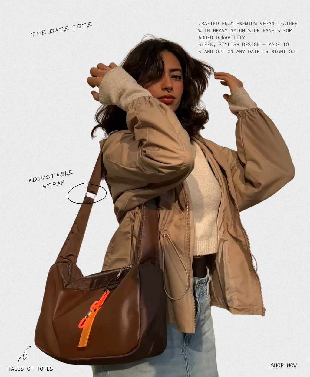 Woman holding a brown tote bag with text about the bag's features on a white background