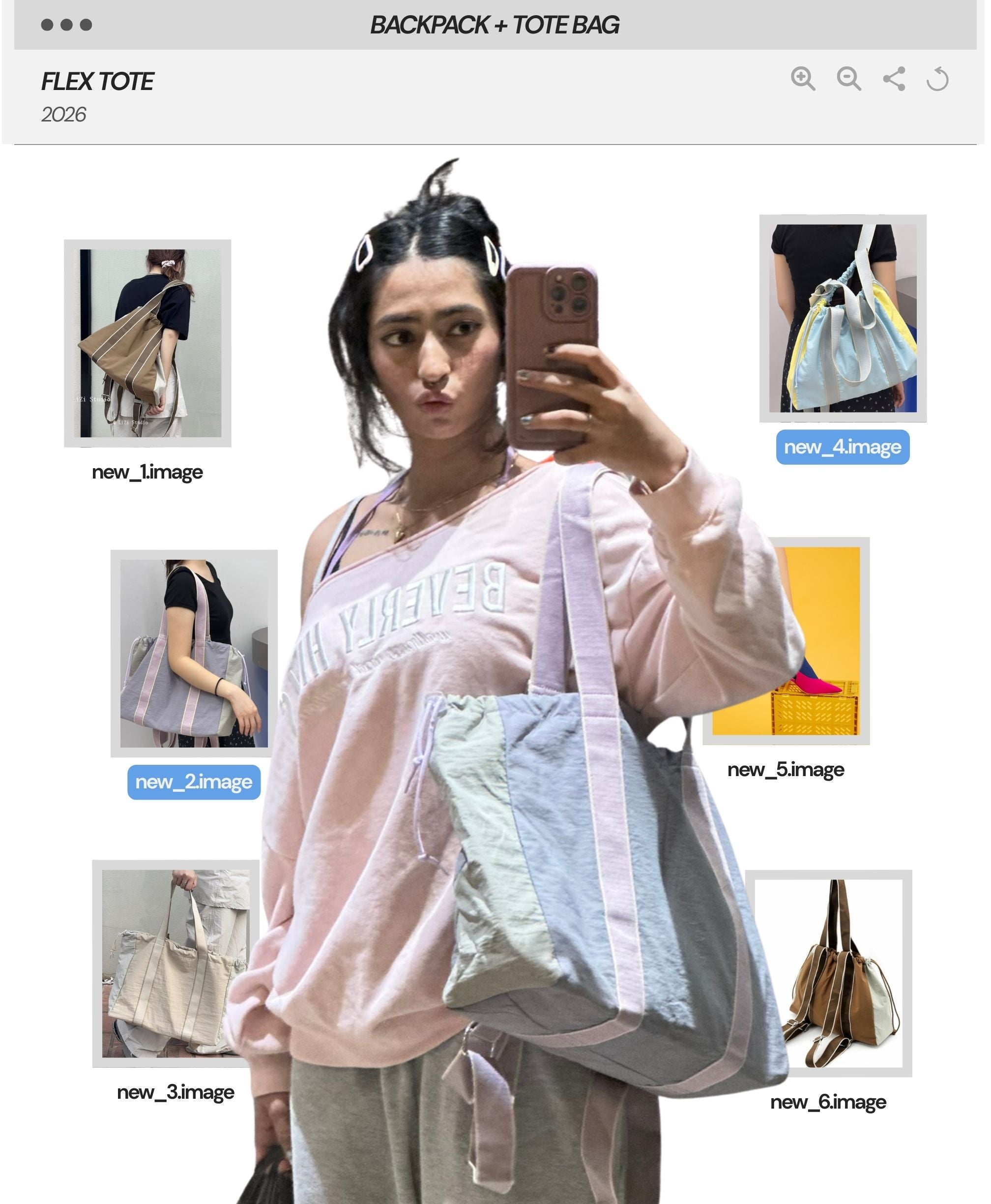 Person holding a colorful tote bag with multiple images of bags displayed around them.