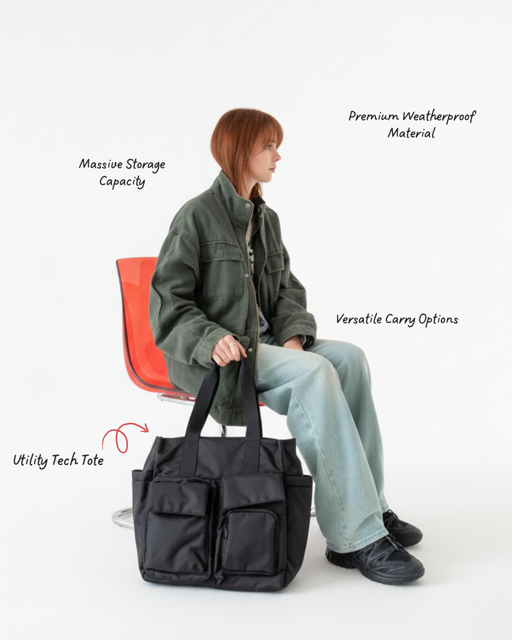 Person holding a black utility tech tote with text highlighting features on a white background