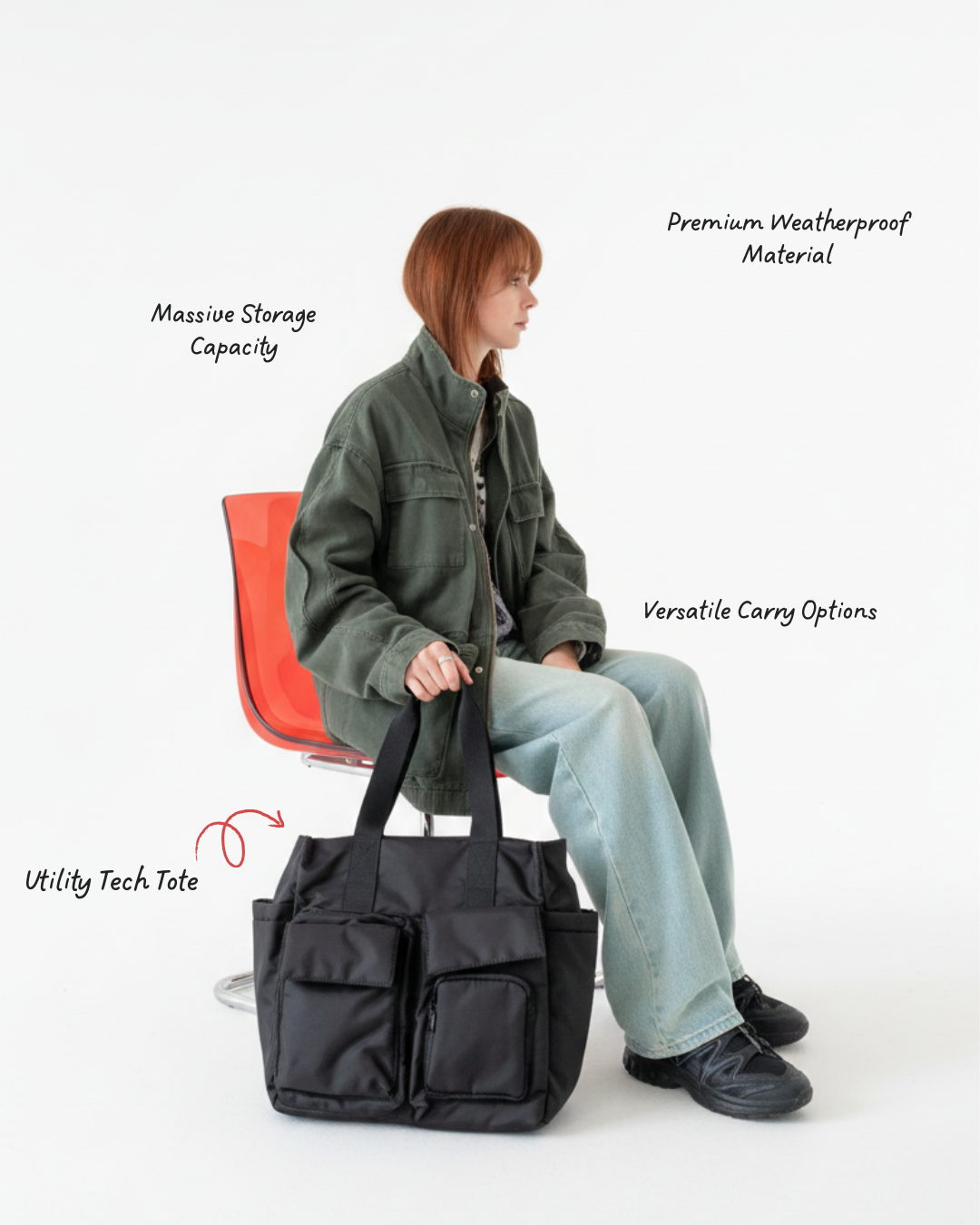 Person holding a black utility tech tote with text highlighting features on a white background