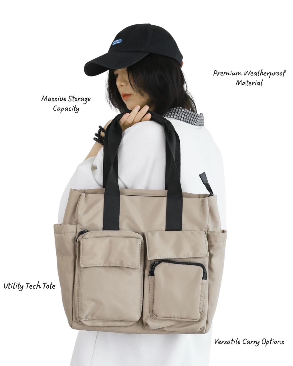 Person wearing a beige utility tech tote bag with text highlighting features on a white background