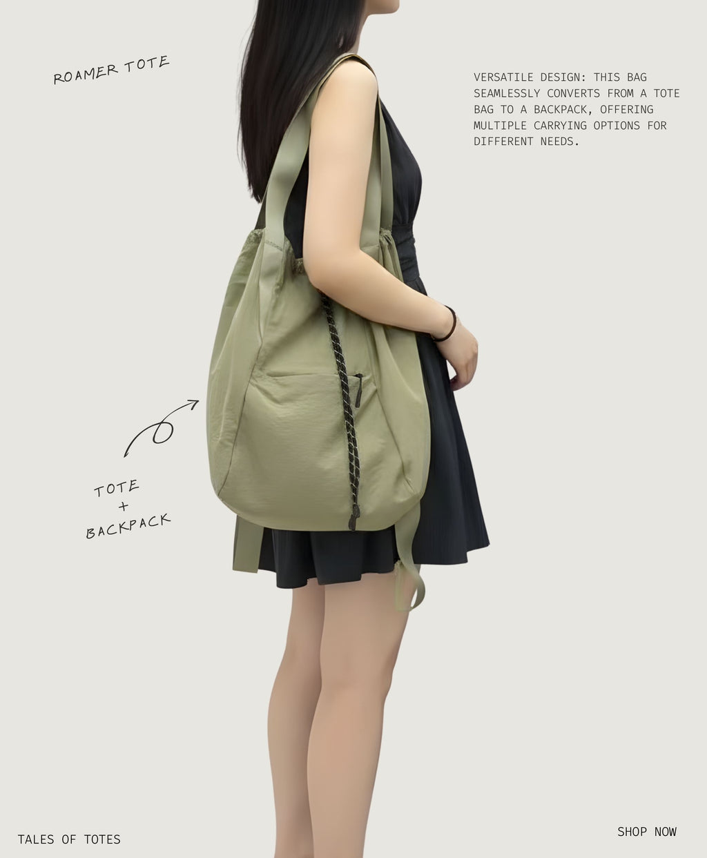 Person holding a green tote bag that can be converted into a backpack, with text describing the product's features.Collage of a beige bag with black straps on a light gray background,"Stylish khaki drawstring tote bag with multiple compartments and adjustable straps, perfect for daily use, shopping, and travel in India. Features include a secure zippered pocket, spacious main compartment, and comfortable shoulder straps. Ideal for fashion-conscious individuals seeking a versatile and trendy bag."