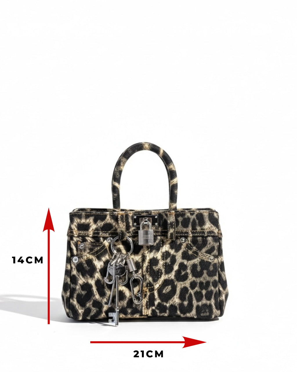 Leopard print handbag with dimensions indicated on a white background