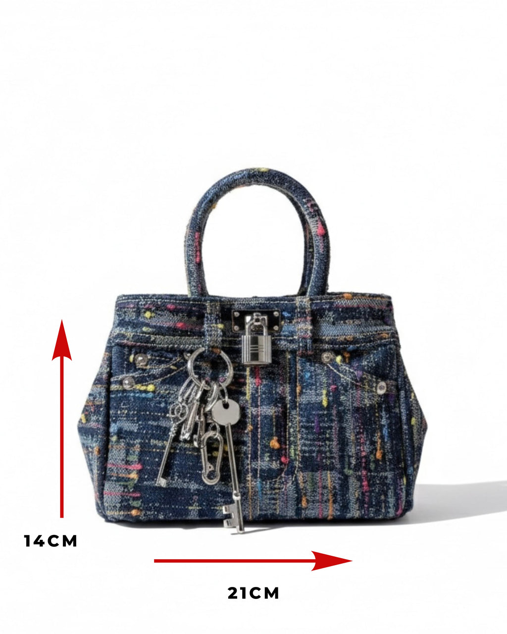 Denim handbag with keys on a white background, showing dimensions.