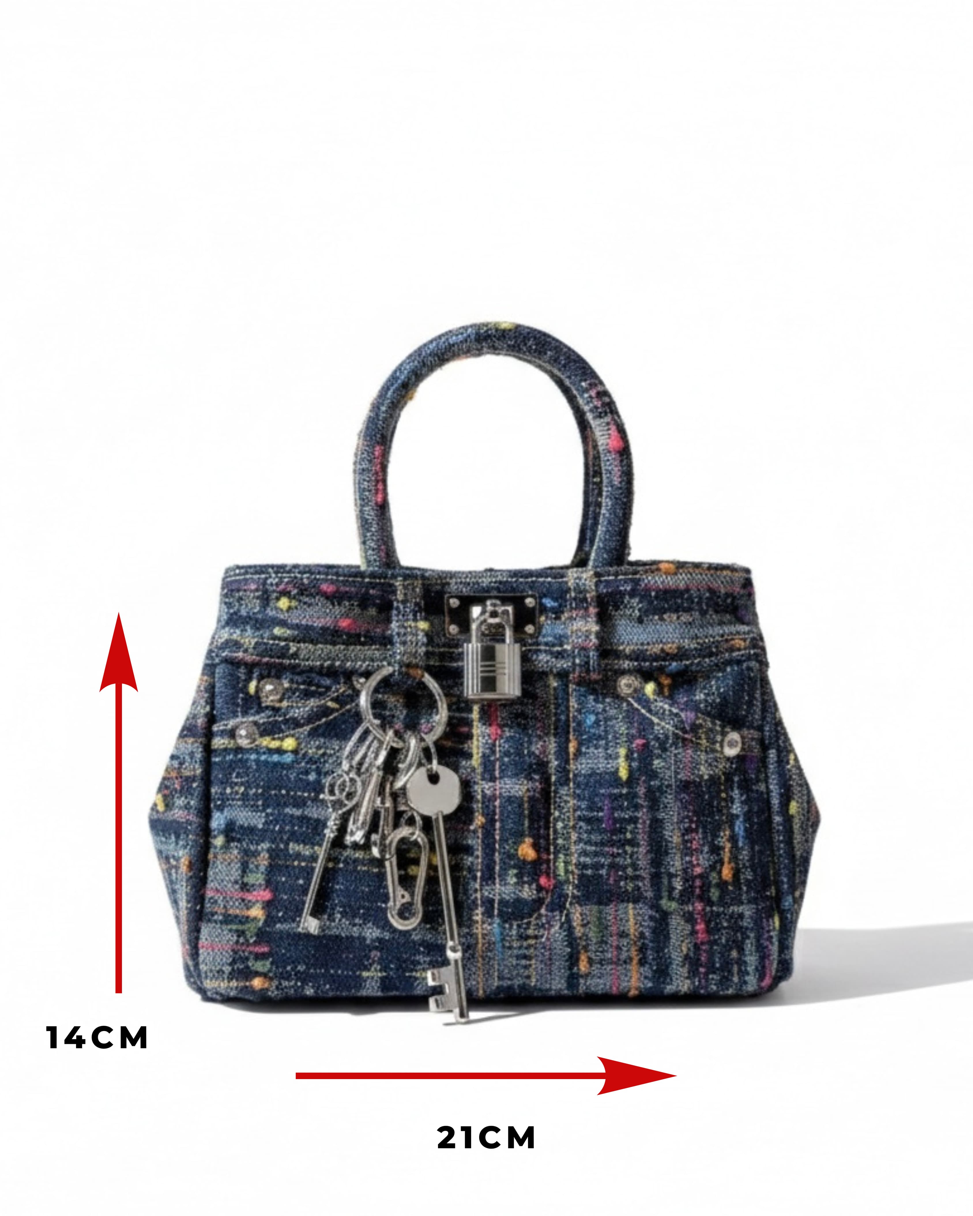 Denim handbag with keys on a white background, showing dimensions.