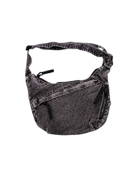 Black denim crossbody bag on a white background