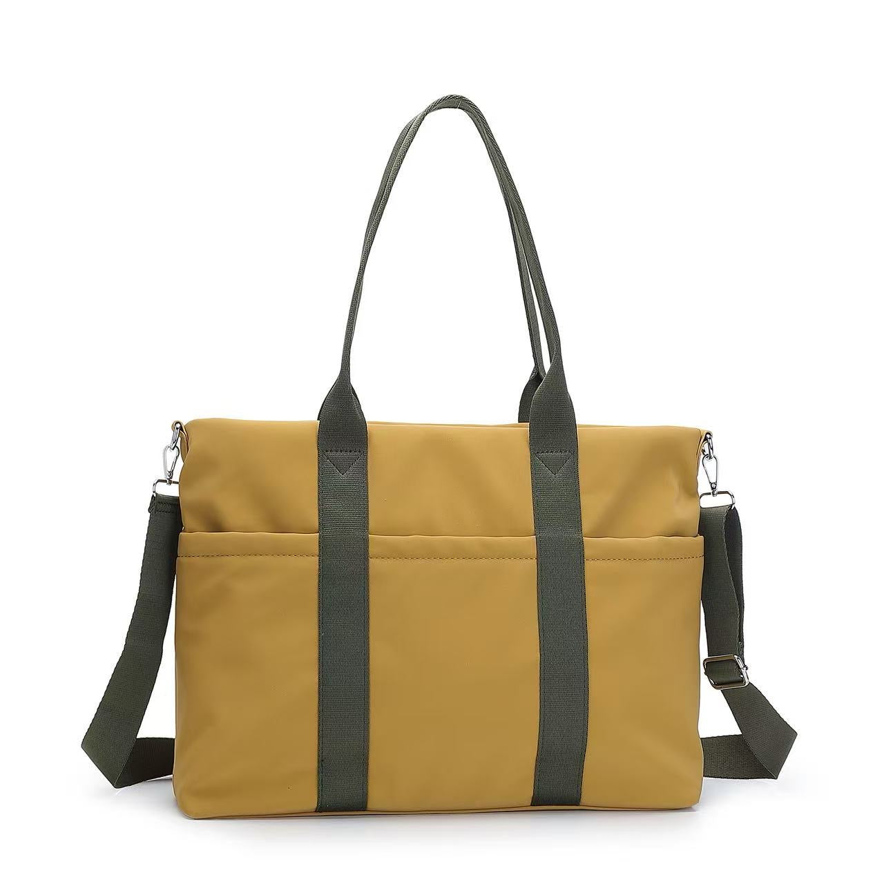 Yellow bag with black straps on a white background