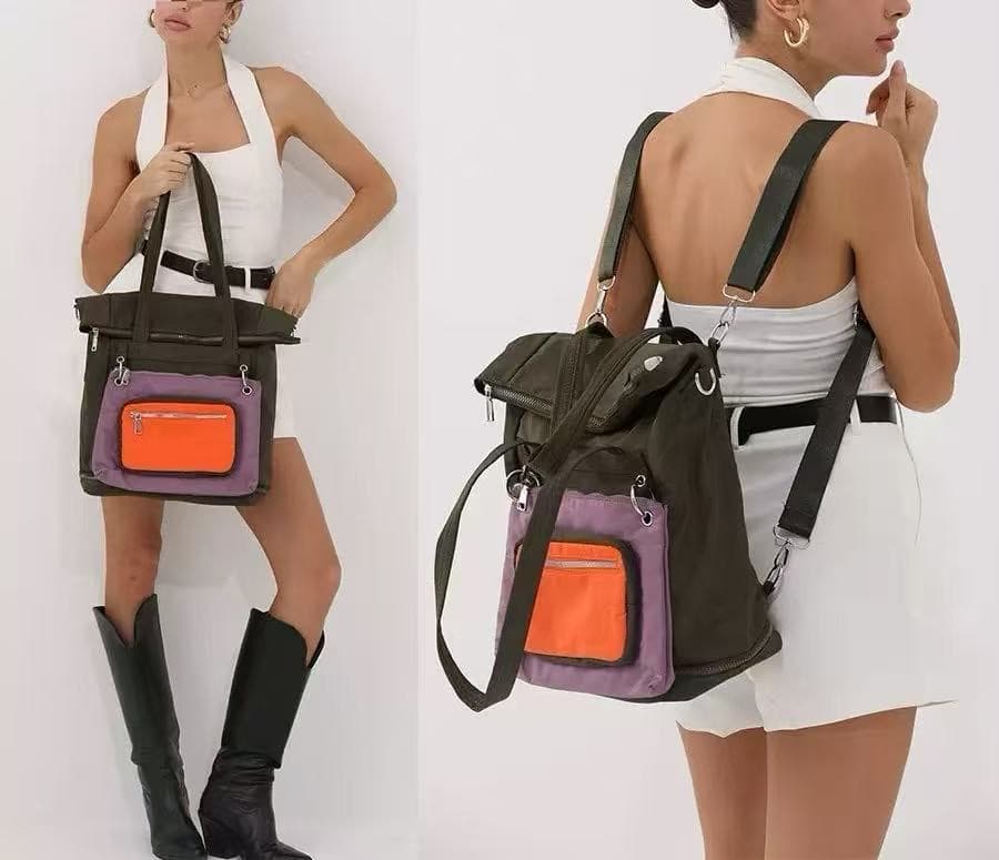 Woman holding a black and purple handbag with an orange pocket, shown from front and back views.