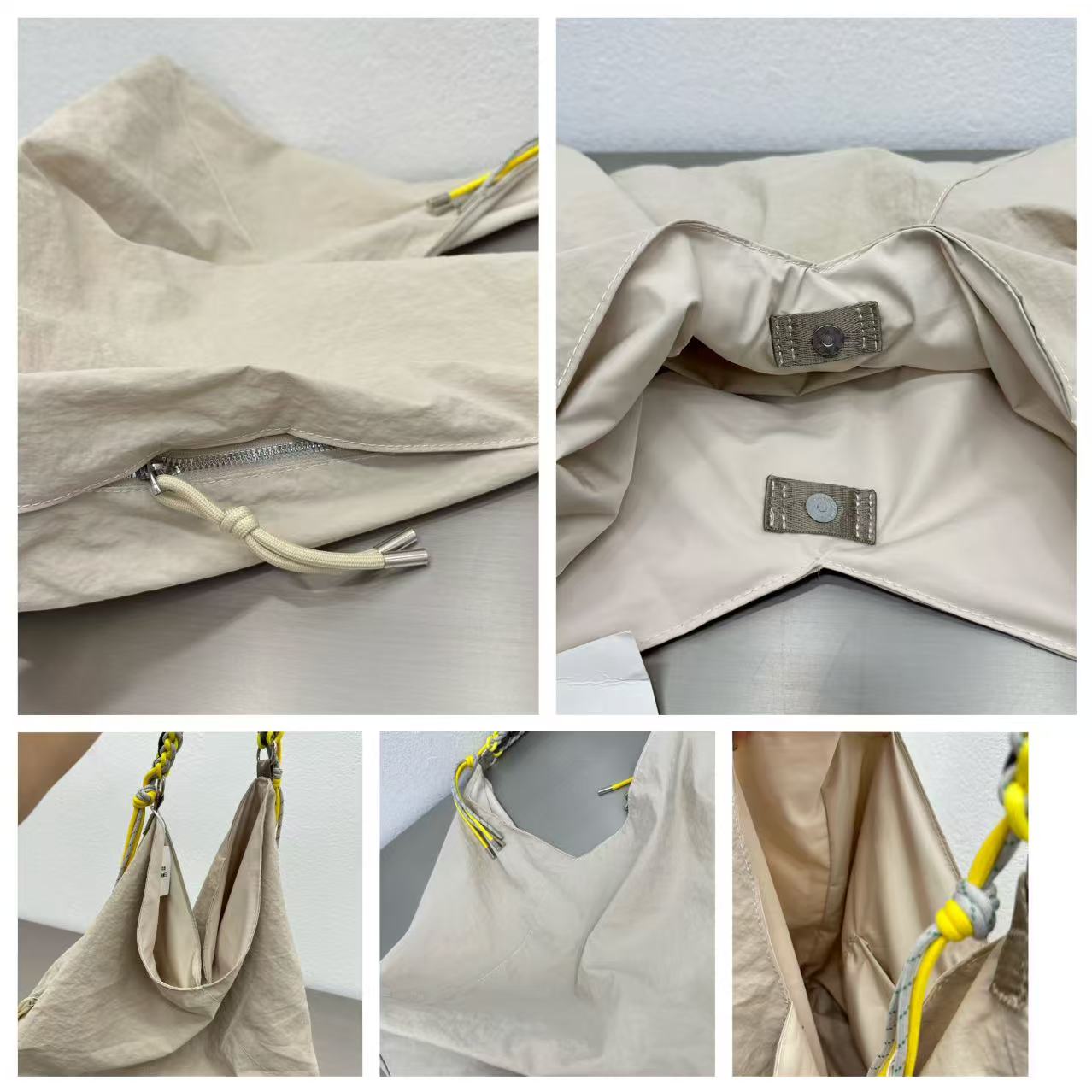 Collage of a beige bag with a zipper and label on a light gray background, Person holding a gray tote bag in an indoor setting,“Trendy tote bag for women in India with spacious design, inner pocket, and rope handle strap – perfect everyday alternative to Zara tote bags, H&M shopper bags, Mango handbags, Charles & Keith totes, Lifestyle handbags, Myntra handbags, and Fabindia casual totes.”