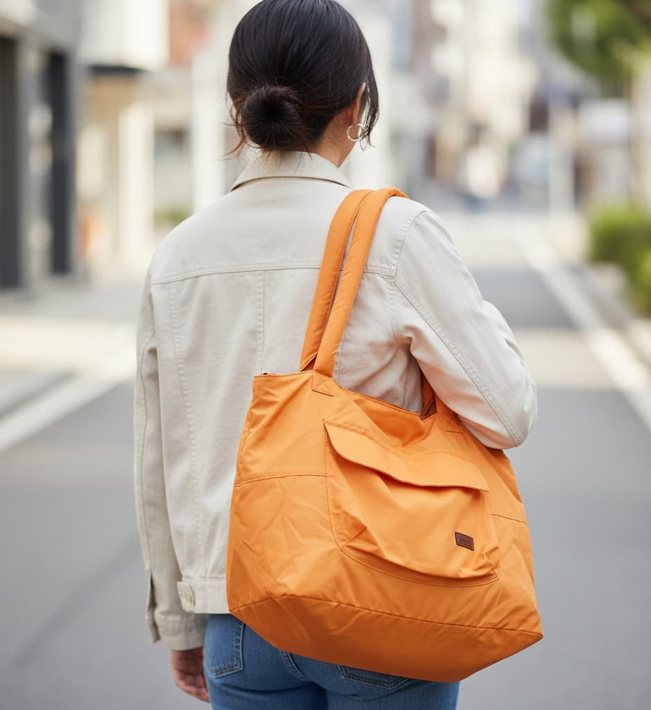 Person carrying an orange backpack on a city street,Gray tote bag with a hand reaching in to place a bottle, on a white backgroundLightweight nylon tote bag with a padded handle design and front flap pocket – perfect for everyday errands, gym, shopping, or casual travel. Spacious, foldable, and easy to carry with a functional structure that balances fashion and utility. A bold statement piece from Tales of Totes, designed for modern Indian lifestyles and a stylish alternative to basic canvas totes."
