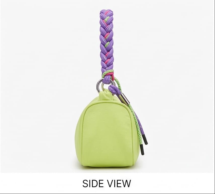 Main image: Daily Loop waterproof nylon hobo bag with braided shoulder handle and removable crossbody strap
Front view: Daily Loop nylon shoulder bag with curved hobo shape and braided rope handle
Side view: Side view of Daily Loop waterproof nylon bag with structured side panel and braided handle
3/4 view: Daily Loop hobo bag in waterproof nylon with braided strap and zip-top closure
Handle detail: Close-up of Daily Loop braided rope handle with contrast cord detailing and metal hardware
Interior view: Int