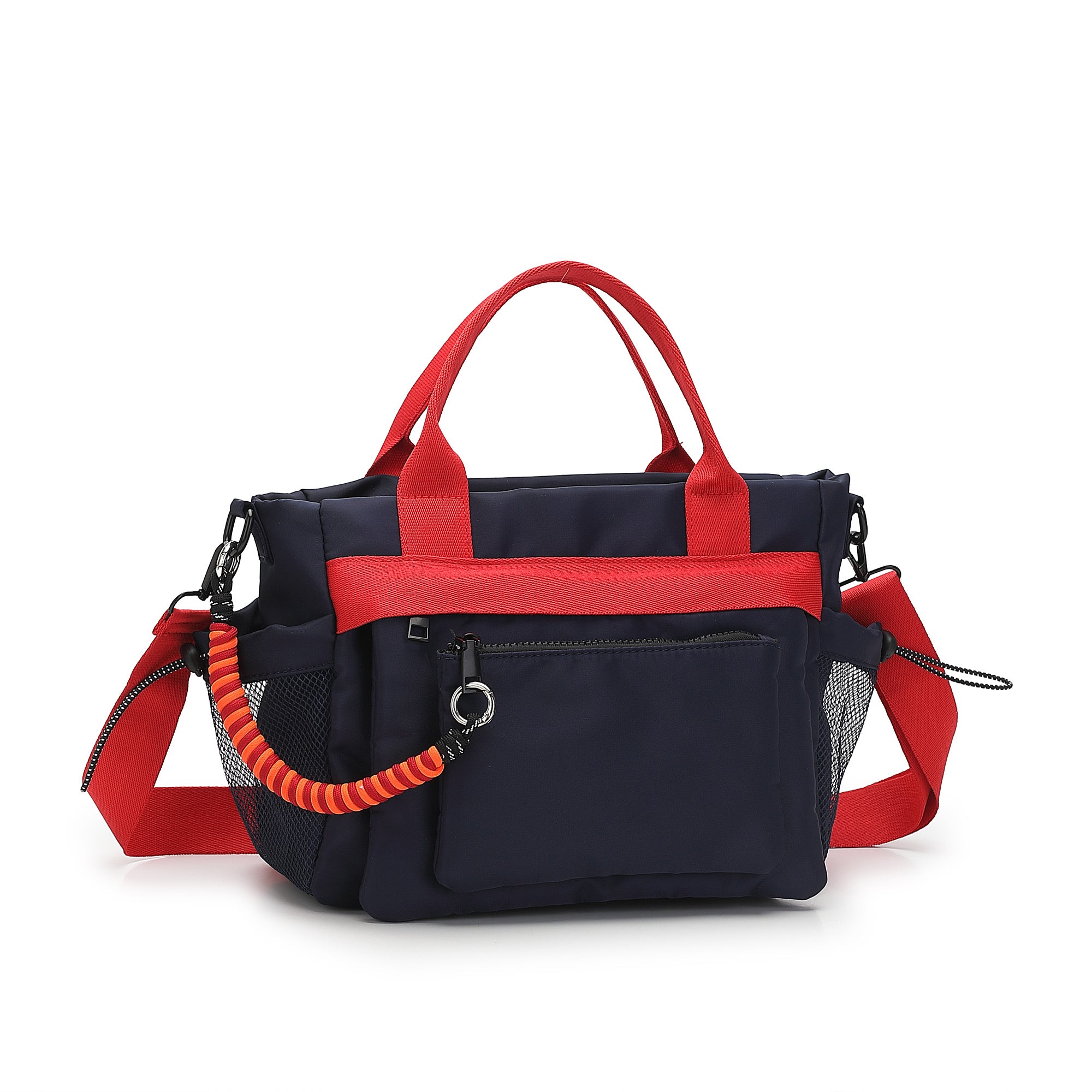 Black and red handbag with a coiled handle on a white background