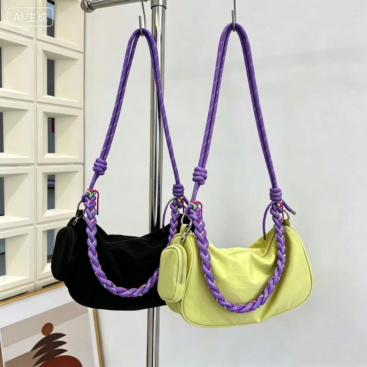 Two crescent-shaped shoulder bags hanging from a metal stand. One bag is black velvet with a purple braided strap, and the other is light yellow canvas with a matching purple braided strap.