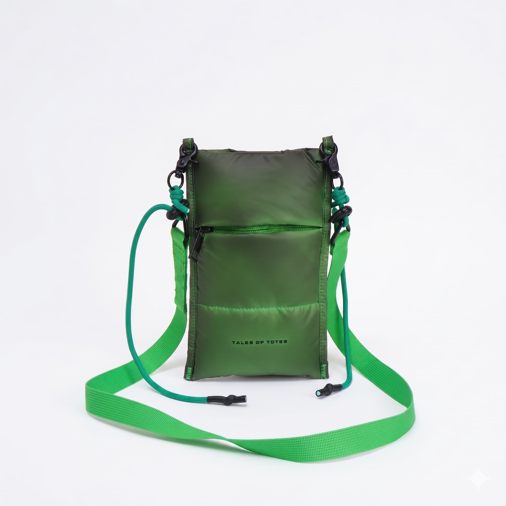 Green crossbody bag with a strap on a white background
