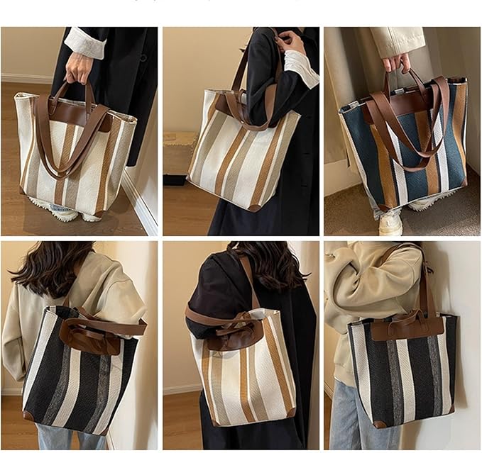 "Eco-friendly striped jute tote bag with dual handles – featuring bold black, grey, and white vertical patterns with leather-look accents and brown straps. Ideal for shopping, office, and casual outings. A sustainable and stylish choice from Tales of Totes – offering earthy, durable fashion accessories that stand apart from brands like Chumbak, Baggit, and DailyObjects in the Indian market."

