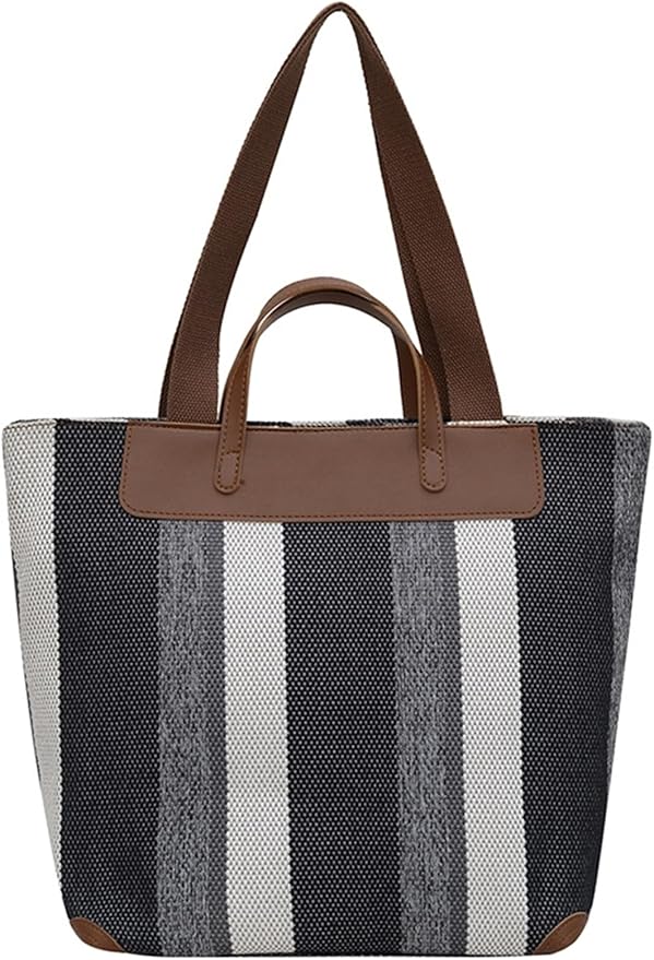 "Eco-friendly striped jute tote bag with dual handles – featuring bold black, grey, and white vertical patterns with leather-look accents and brown straps. Ideal for shopping, office, and casual outings. A sustainable and stylish choice from Tales of Totes – offering earthy, durable fashion accessories that stand apart from brands like Chumbak, Baggit, and DailyObjects in the Indian market."

