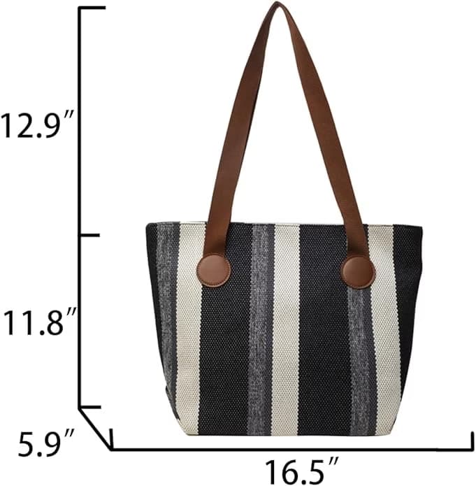 Stylish striped jute tote bag with earthy yellow and beige tones, featuring long brown shoulder straps and circular leather-look accents. Lightweight, eco-conscious, and perfect for daily use, shopping, or office carry. A trendy, sustainable option from Tales of Totes – designed to stand out among Indian tote brands like Chumbak, Baggit, and Zouk."