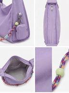Waterproof nylon hobo bag with wide shoulder handle, removable braided crossbody strap and detachable mini pouch

