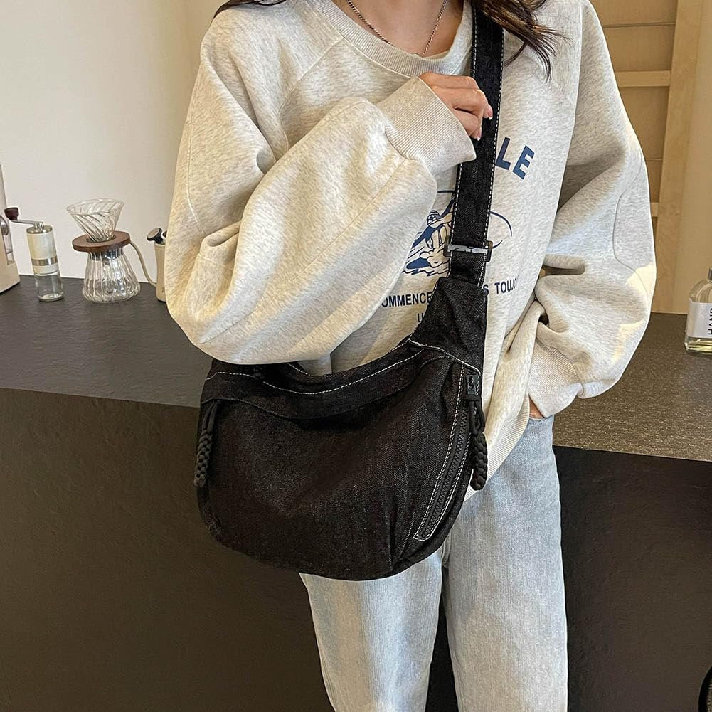 Trendy unisex mini tote bag in deep blue denim with rope zipper details, ideal for Indian streetwear lovers