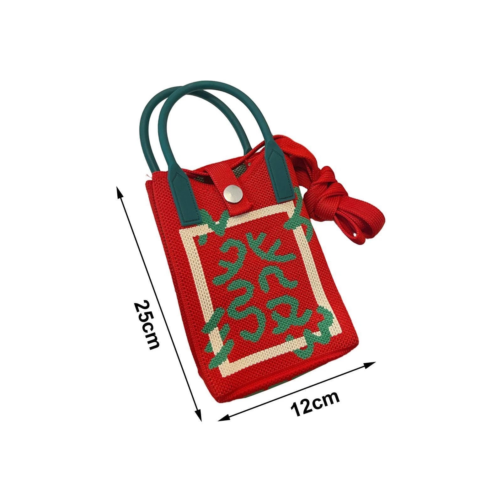Red bag with green accents and a bow, shown with dimensions on a white background Handmade knitted sling bag with top handle and button closure, similar to products from Zouk, Chumbak, DailyObjects, The Souled Store, and India Circus, ideal for casual and everyday use.
