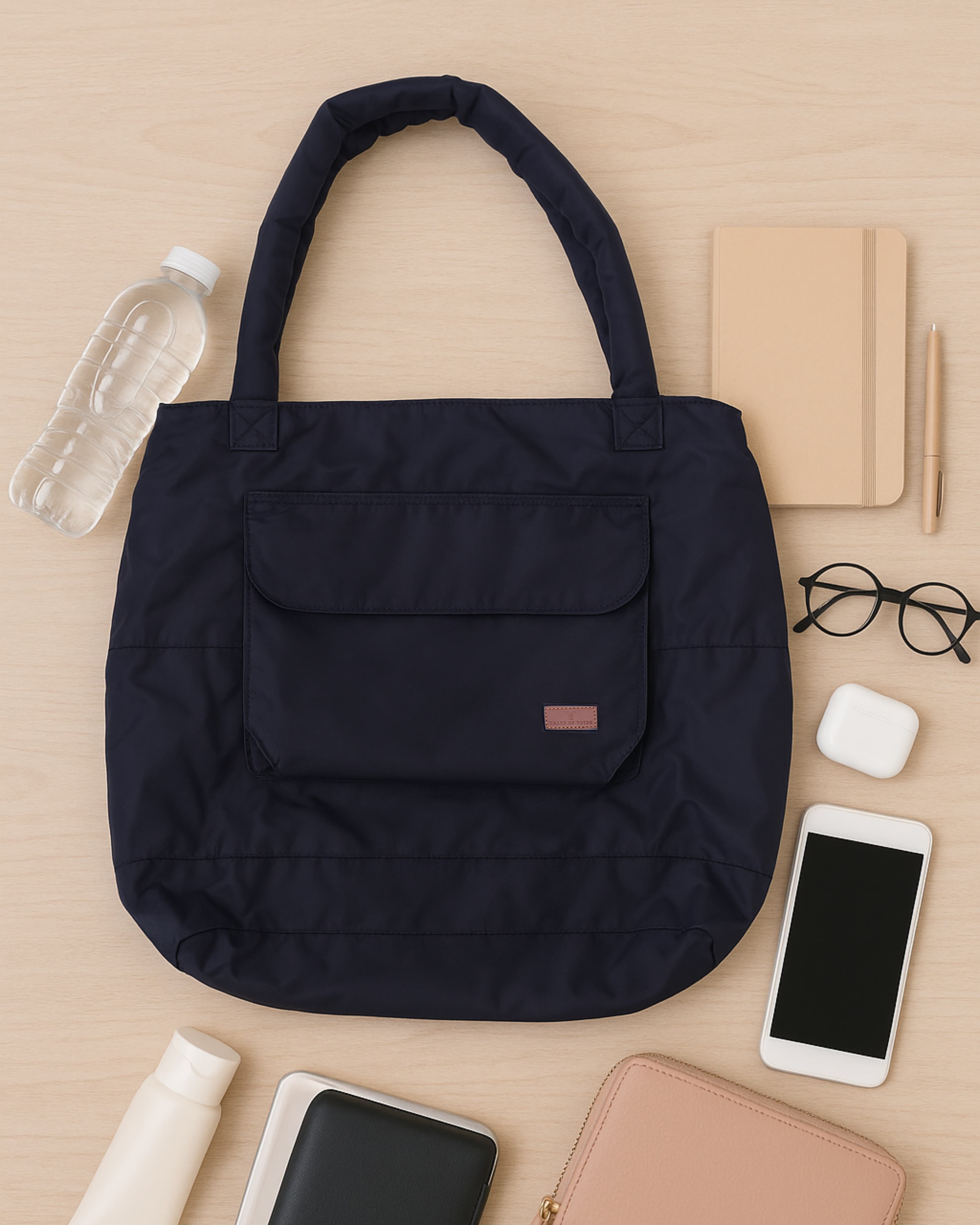 Lightweight nylon tote bag with a padded handle design and front flap pocket – perfect for everyday errands, gym, shopping, or casual travel. Spacious, foldable, and easy to carry with a functional structure that balances fashion and utility. A bold statement piece from Tales of Totes, designed for modern Indian lifestyles and a stylish alternative to basic canvas totes."

