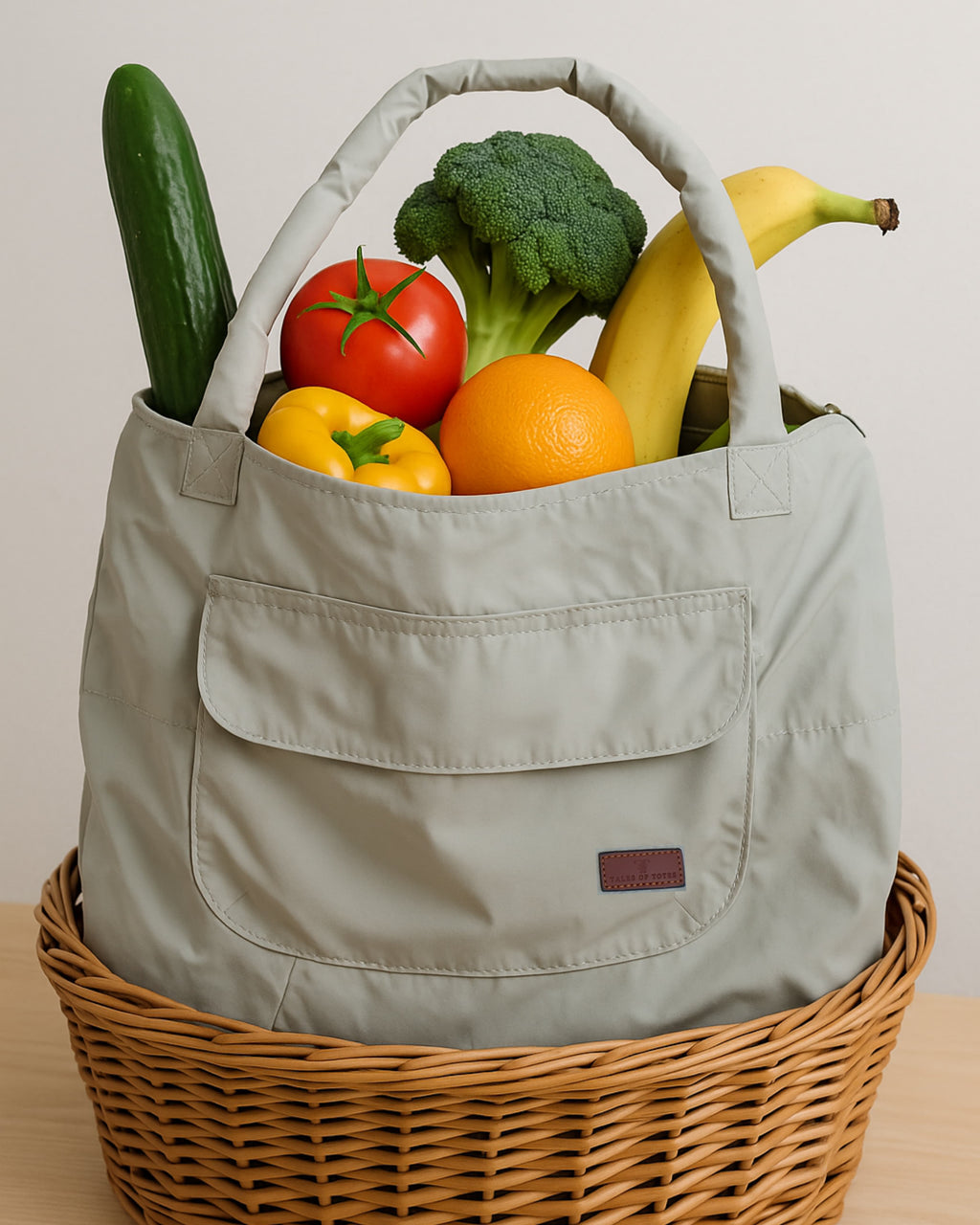 Lightweight nylon tote bag with a padded handle design and front flap pocket – perfect for everyday errands, gym, shopping, or casual travel. Spacious, foldable, and easy to carry with a functional structure that balances fashion and utility. A bold statement piece from Tales of Totes, designed for modern Indian lifestyles and a stylish alternative to basic canvas totes."

