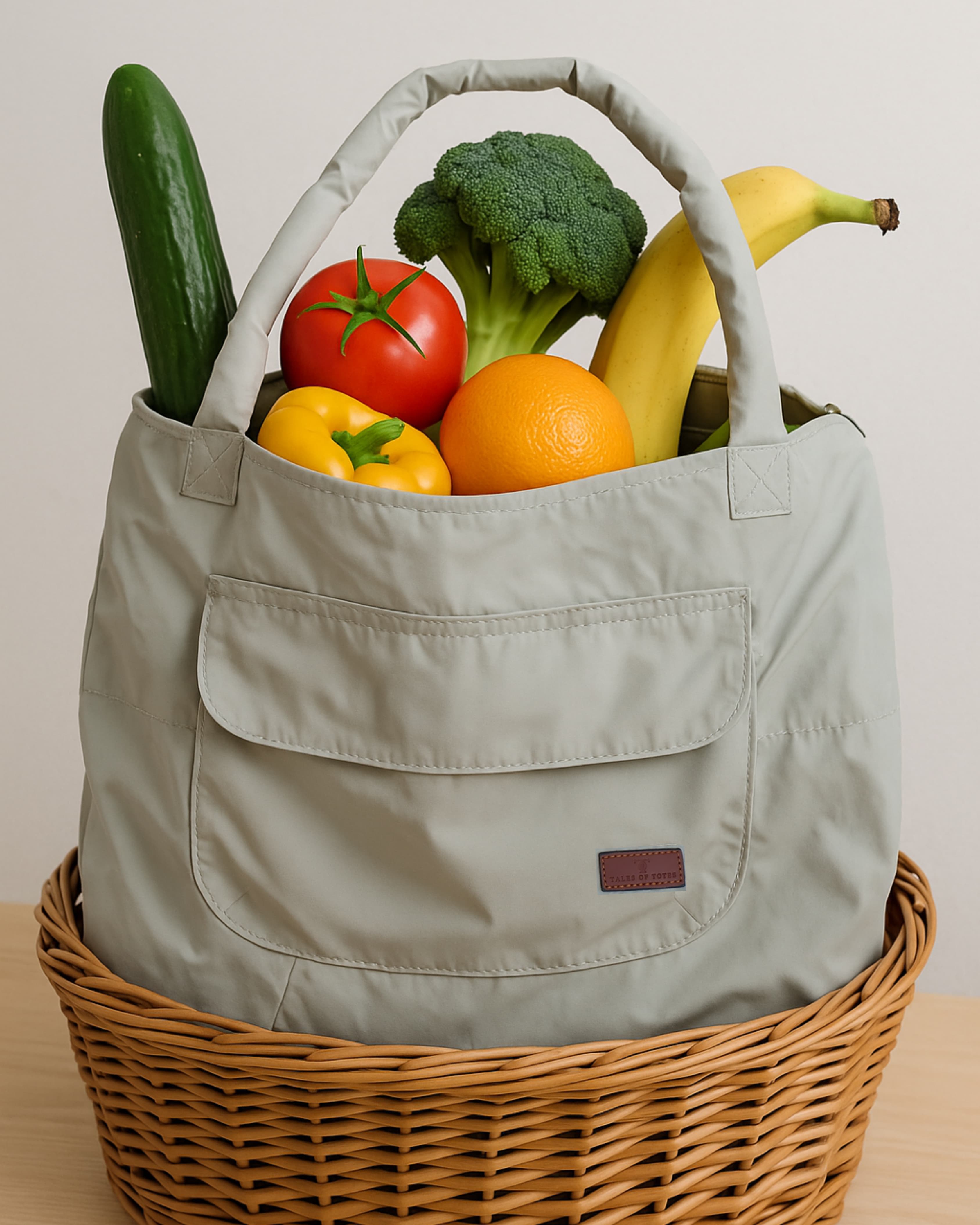 Lightweight nylon tote bag with a padded handle design and front flap pocket – perfect for everyday errands, gym, shopping, or casual travel. Spacious, foldable, and easy to carry with a functional structure that balances fashion and utility. A bold statement piece from Tales of Totes, designed for modern Indian lifestyles and a stylish alternative to basic canvas totes."

