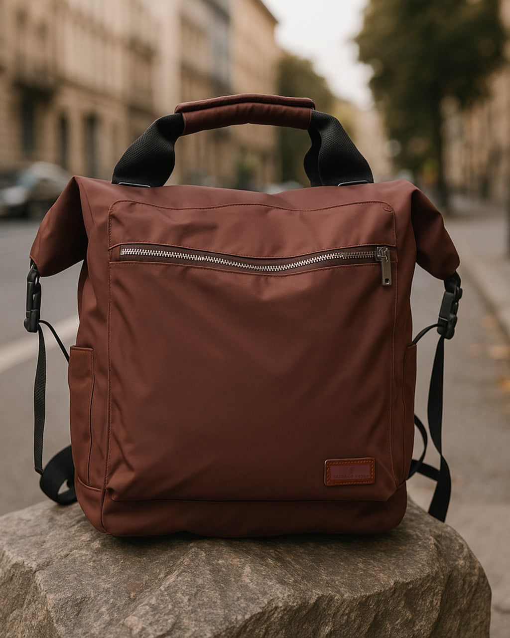 "Modern utility backpack with a structured silhouette, front zip pocket, padded handle, and side compartments – designed for daily commuting, travel, or college use. Features durable water-resistant material, sleek zipper details, and adjustable shoulder straps. A functional and fashion-forward choice from Tales of Totes for urban Indian lifestyles."

