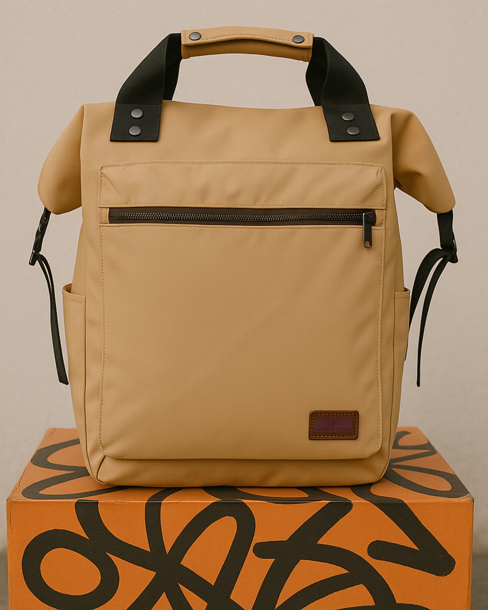 "Modern utility backpack with a structured silhouette, front zip pocket, padded handle, and side compartments – designed for daily commuting, travel, or college use. Features durable water-resistant material, sleek zipper details, and adjustable shoulder straps. A functional and fashion-forward choice from Tales of Totes for urban Indian lifestyles."

