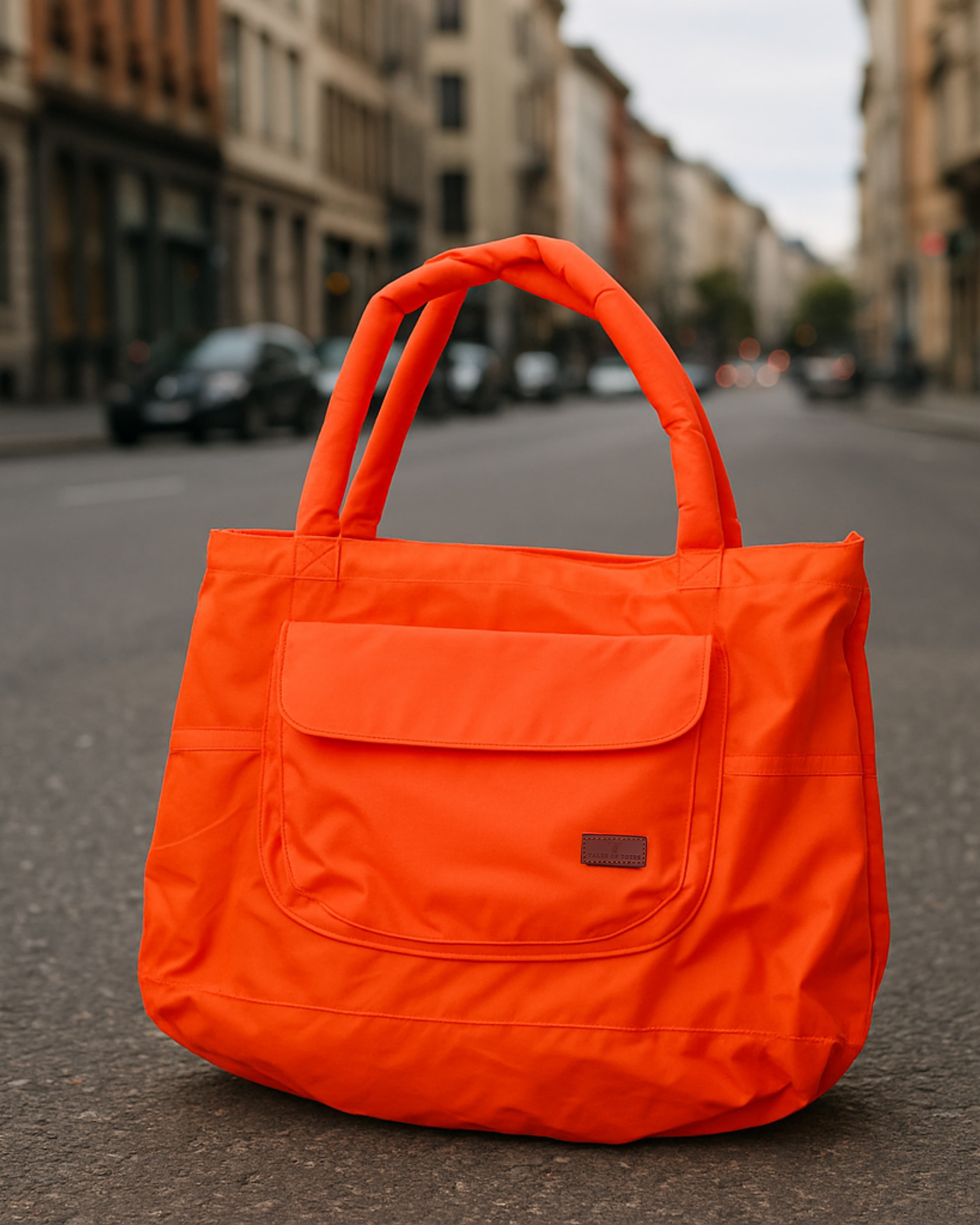 Lightweight nylon tote bag with a padded handle design and front flap pocket – perfect for everyday errands, gym, shopping, or casual travel. Spacious, foldable, and easy to carry with a functional structure that balances fashion and utility. A bold statement piece from Tales of Totes, designed for modern Indian lifestyles and a stylish alternative to basic canvas totes."

