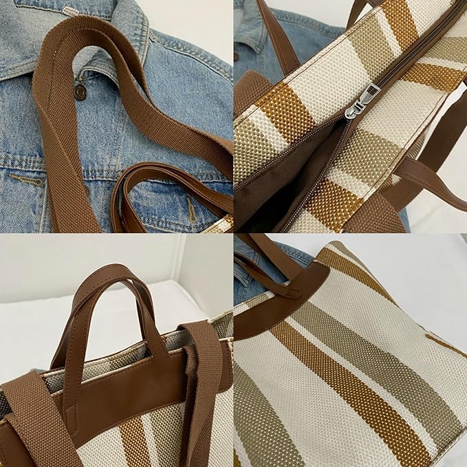 "Eco-friendly striped jute tote bag with dual handles – featuring bold black, grey, and white vertical patterns with leather-look accents and brown straps. Ideal for shopping, office, and casual outings. A sustainable and stylish choice from Tales of Totes – offering earthy, durable fashion accessories that stand apart from brands like Chumbak, Baggit, and DailyObjects in the Indian market."


