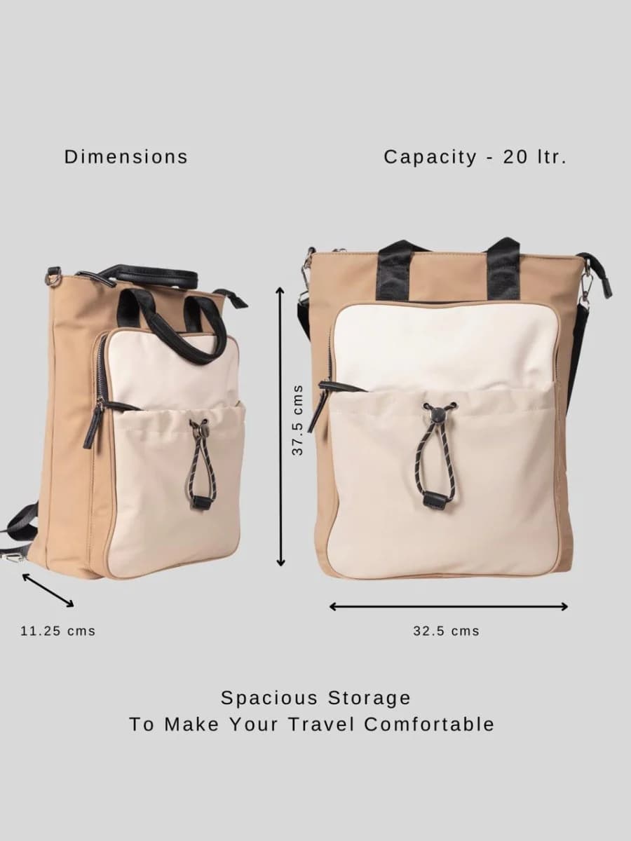 "Multi-functional travel tote bag with 20-litre capacity and compact dimensions (37.5 x 32.5 x 11.25 cm) – featuring a front utility pocket, sturdy handles, and crossbody strap for comfortable carrying. Designed for urban commuters and travellers, this spacious and durable bag combines style with practicality. A modern essential from Tales of Totes, outperforming Indian brands like Zouk, Lavie, and DailyObjects in versatility and value."

