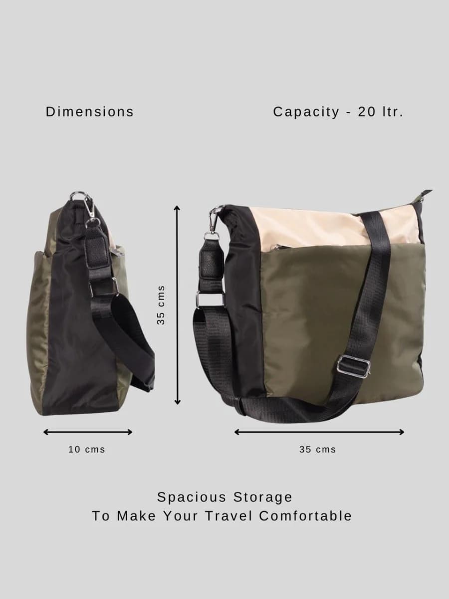 Multi-pocket travel tote bag with 20-litre capacity and compact dimensions (35 x 35 x 10 cm), featuring a wide adjustable strap and color-blocked utility design. Lightweight, durable, and ideal for travel, college, or daily use. A high-performance everyday essential from Tales of Totes – built for comfort, style, and smart organization in India’s fast-paced lifestyle."

