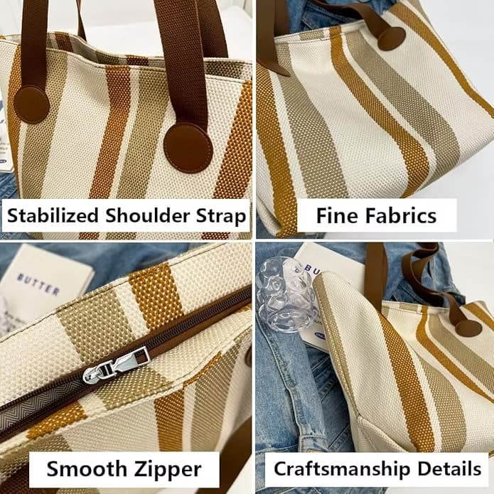 Stylish striped jute tote bag with earthy yellow and beige tones, featuring long brown shoulder straps and circular leather-look accents. Lightweight, eco-conscious, and perfect for daily use, shopping, or office carry. A trendy, sustainable option from Tales of Totes – designed to stand out among Indian tote brands like Chumbak, Baggit, and Zouk."