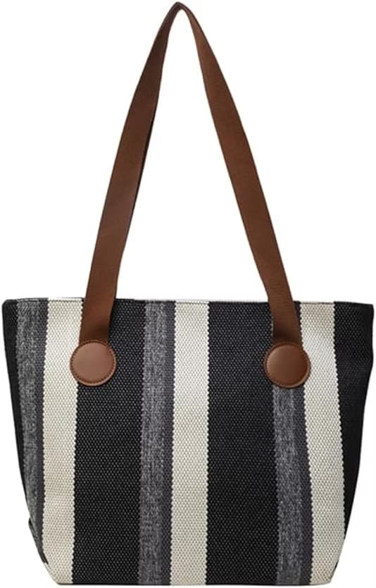 Stylish striped jute tote bag with earthy yellow and beige tones, featuring long brown shoulder straps and circular leather-look accents. Lightweight, eco-conscious, and perfect for daily use, shopping, or office carry. A trendy, sustainable option from Tales of Totes – designed to stand out among Indian tote brands like Chumbak, Baggit, and Zouk."
